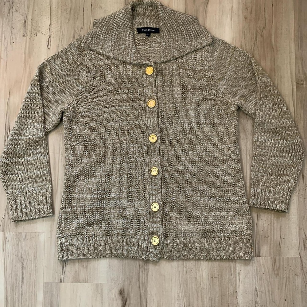 Evan Picone Womens Tan Cream Knit Button Up Cardigan Sweater Large